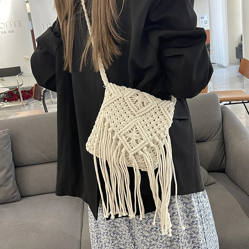 Women Crochet Shoulder Bag Tassel Handwoven Crossbody Solid Bohemian