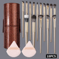 18Pcs Champagne Makeup Brush Set Face Eye Cosmetic Brushes, 2 Triangle Powder Puffs, Glitter Bronze Cylinder Brush Case Beauty K Vue Gold