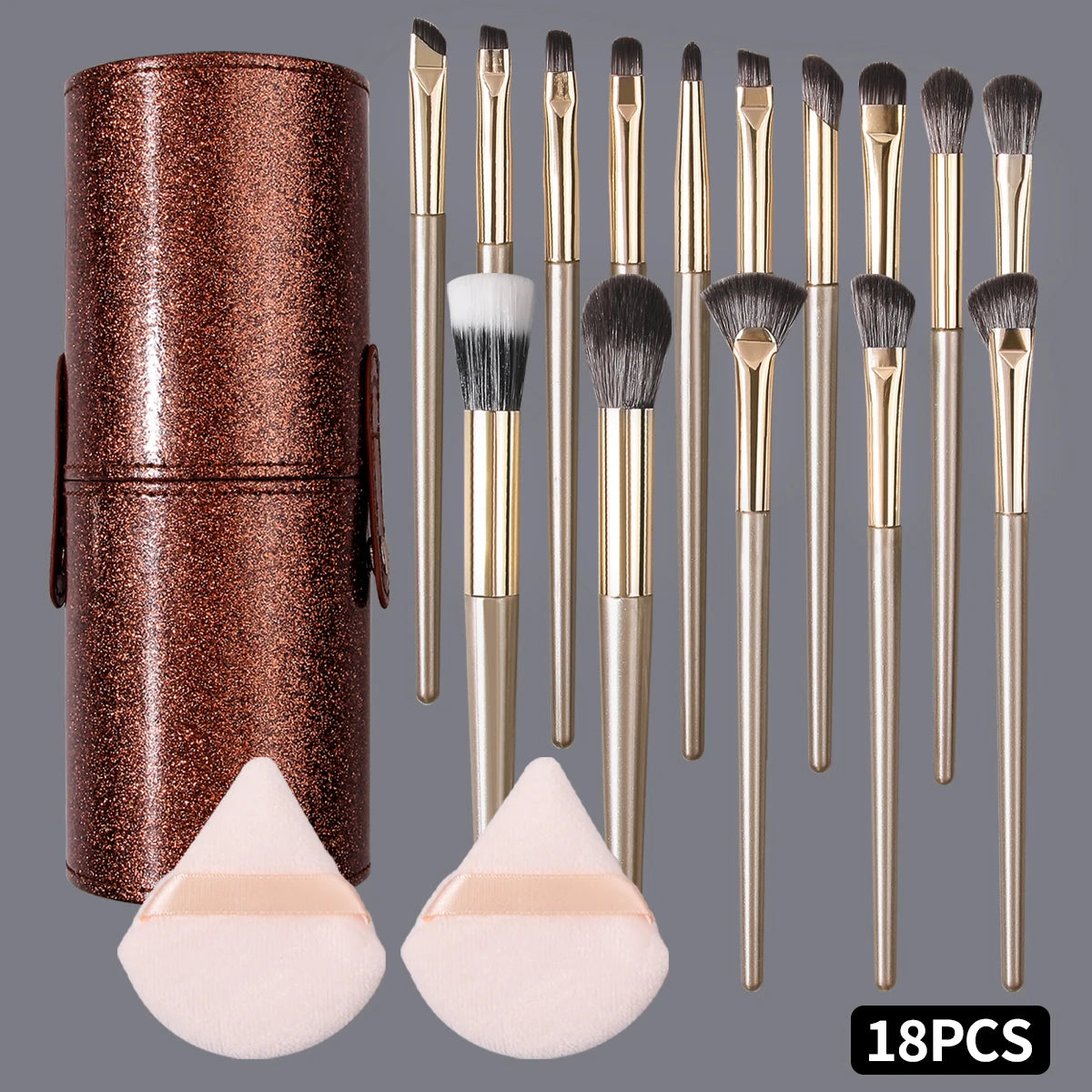 18Pcs Champagne Makeup Brush Set Face Eye Cosmetic Brushes, 2 Triangle Powder Puffs, Glitter Bronze Cylinder Brush Case Beauty K Vue Gold