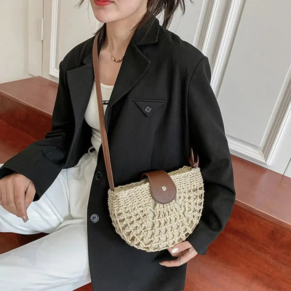 Women Summer Straw Bag Fashion Messenger Handbag Semicircle Crossbody