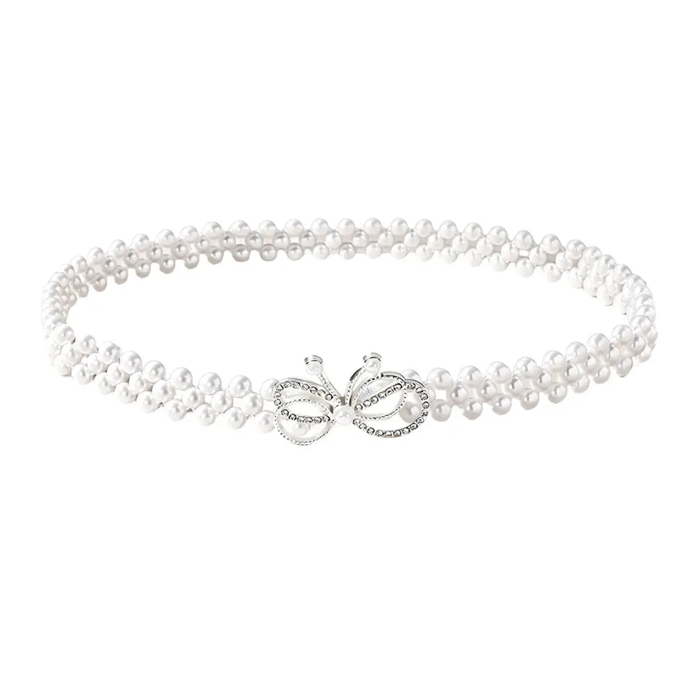 Pearl Beads Waist Chain Stretch Elastic Band Thin Narrow Waistband Vue E