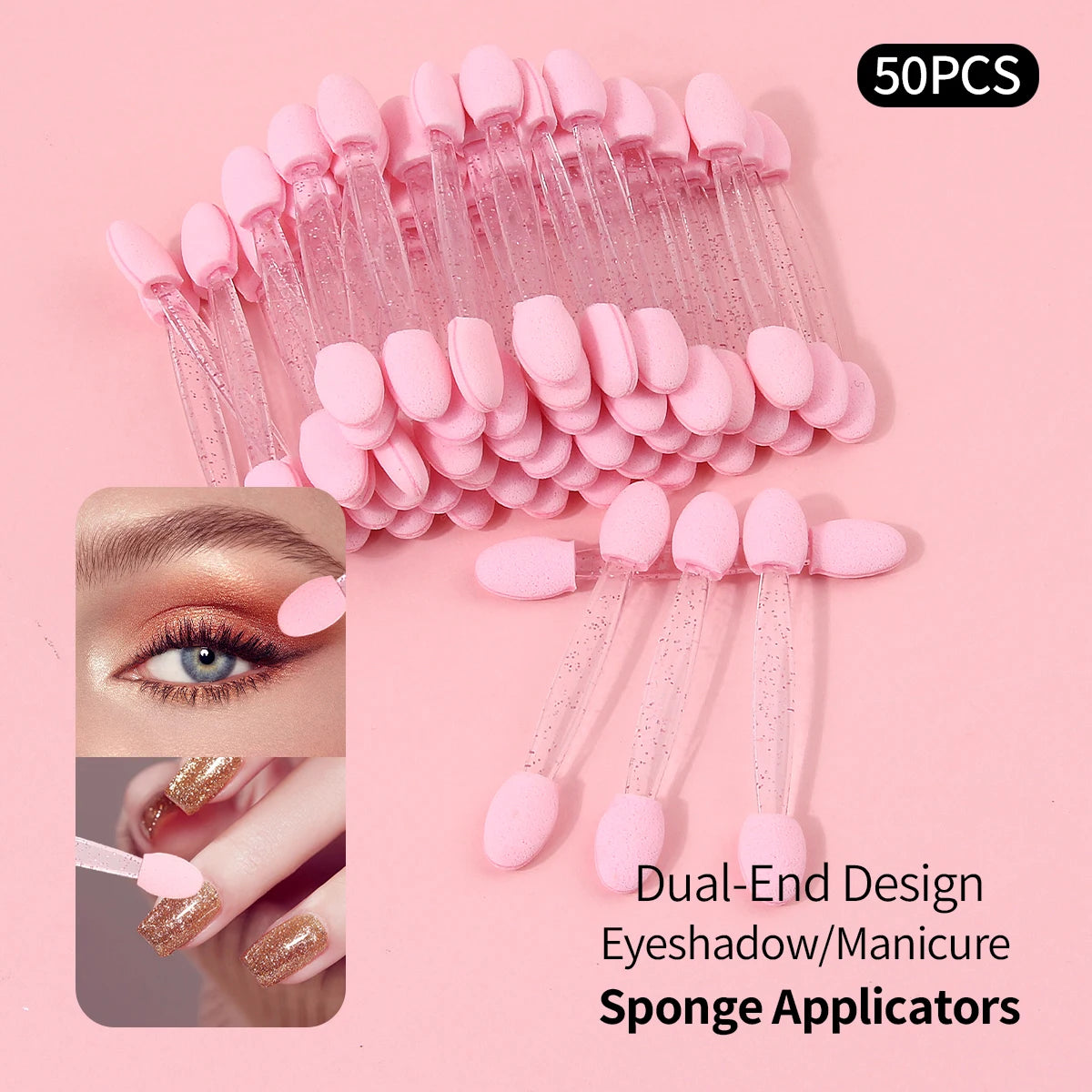 50Pcs Dual-End Sponge Eyeshadow Applicators, Reusable Blending Sticks for Eyeshadow & Nail Art Powder Rubbing Vue Pink