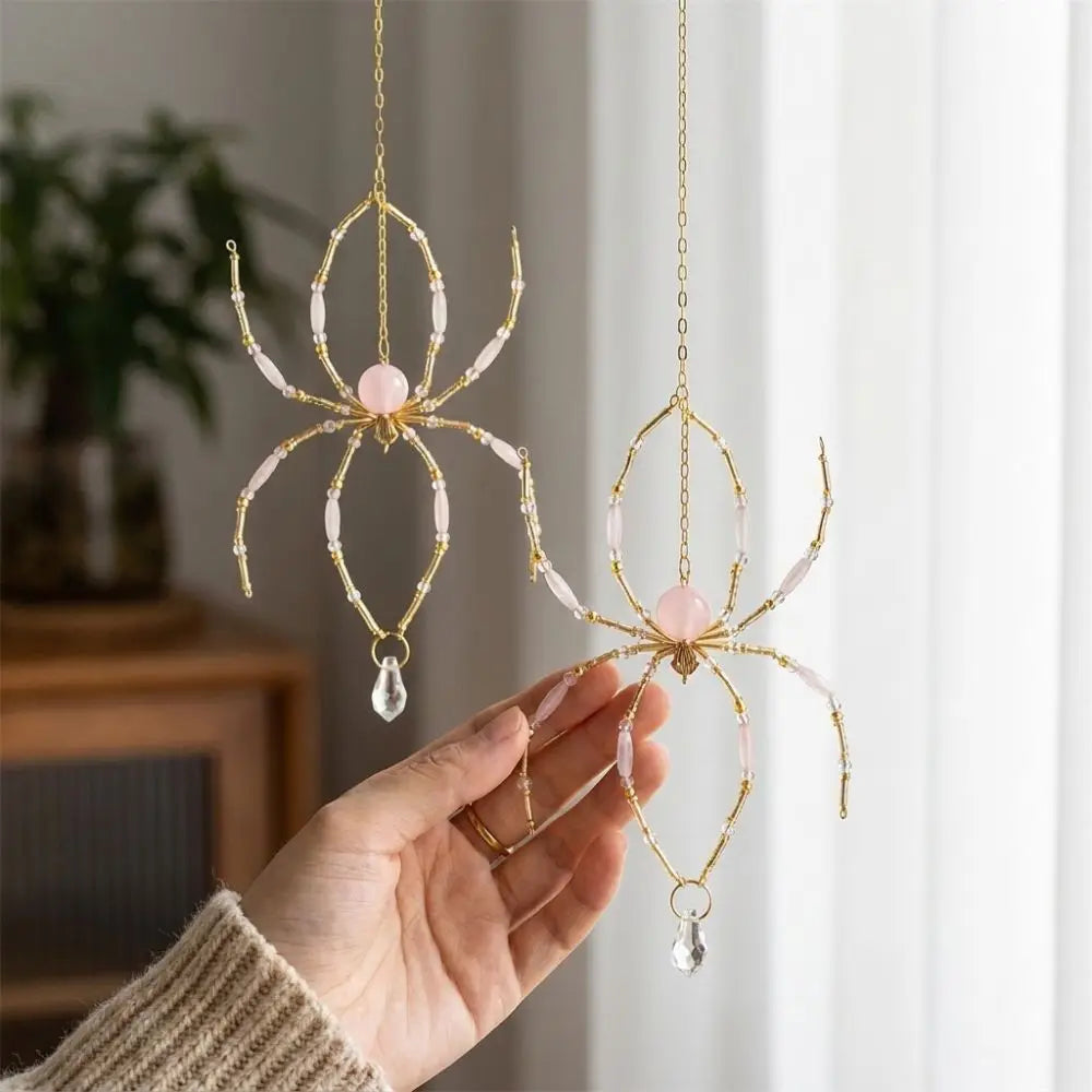 Eight-Leg Spider Shape Crystal Spider Sun Catcher Handmade Gold-Tone Chain Garden Spider Pendant Light Refracting Beaded Wire Vue