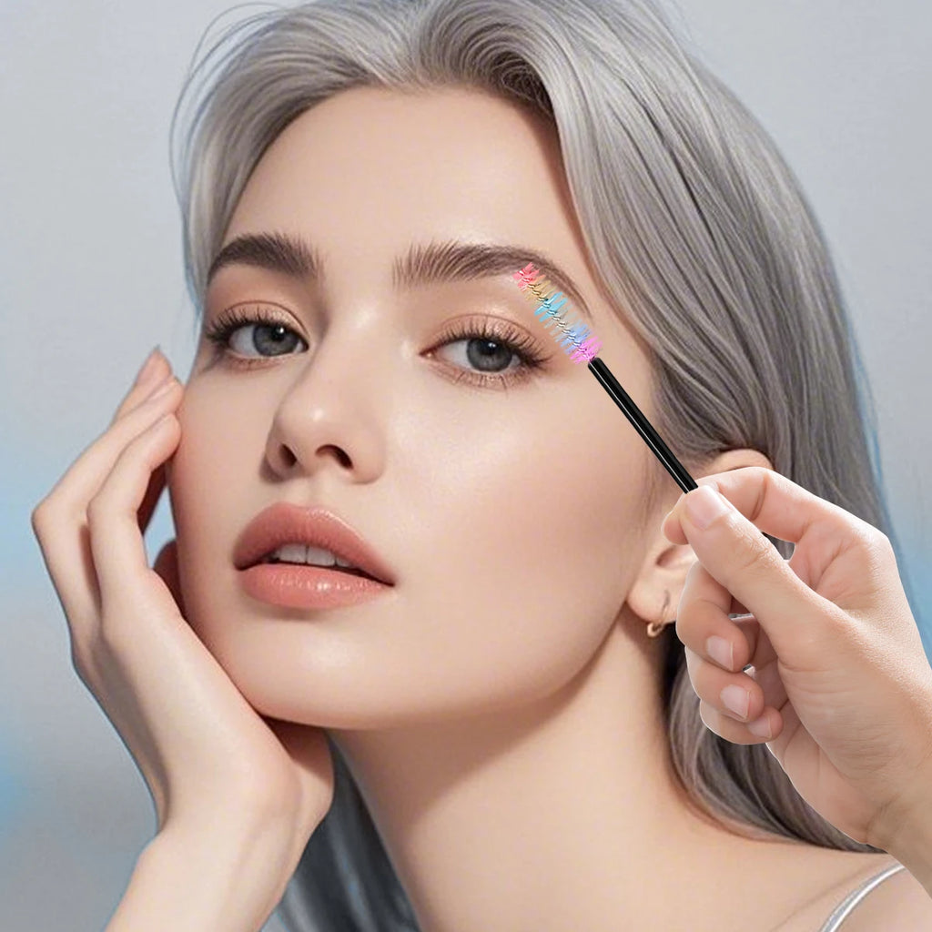 Hot Sale 50pcs Disposable Rainbow Eyelash Spoolies, Glitter & Black Handle Mascara Wands for Eyelash Extension & Eyebrow Styling Vue