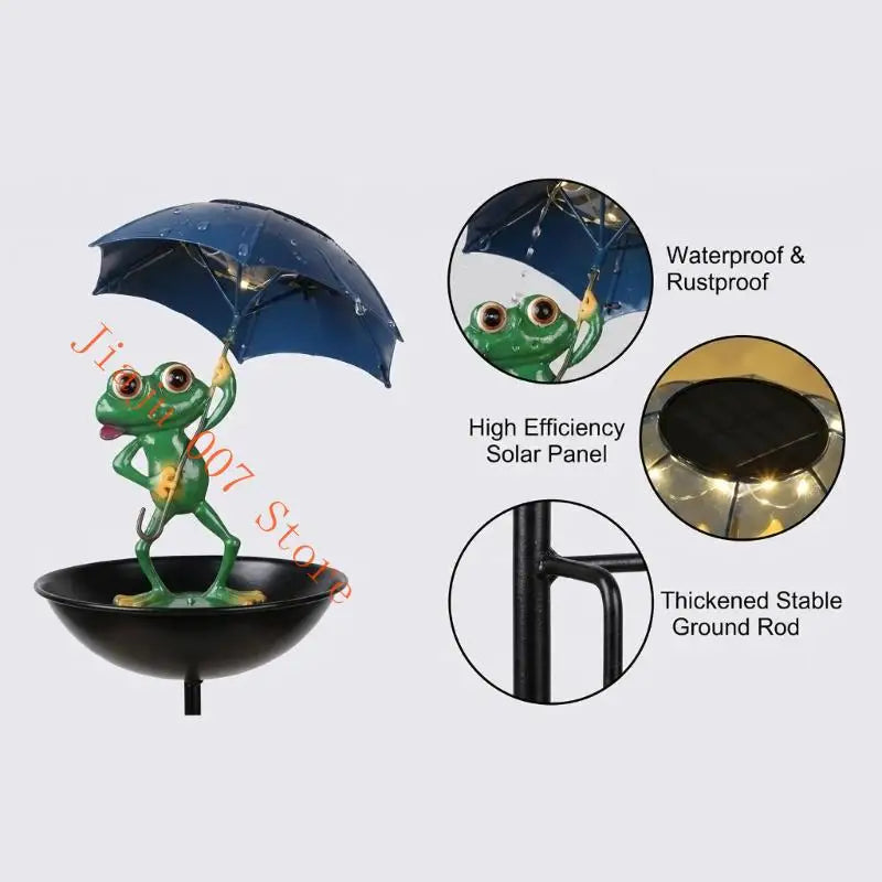 Solar Frog Bird Feeder with LED Light & Garden Ground Spike Solar Garden Ornament Vue