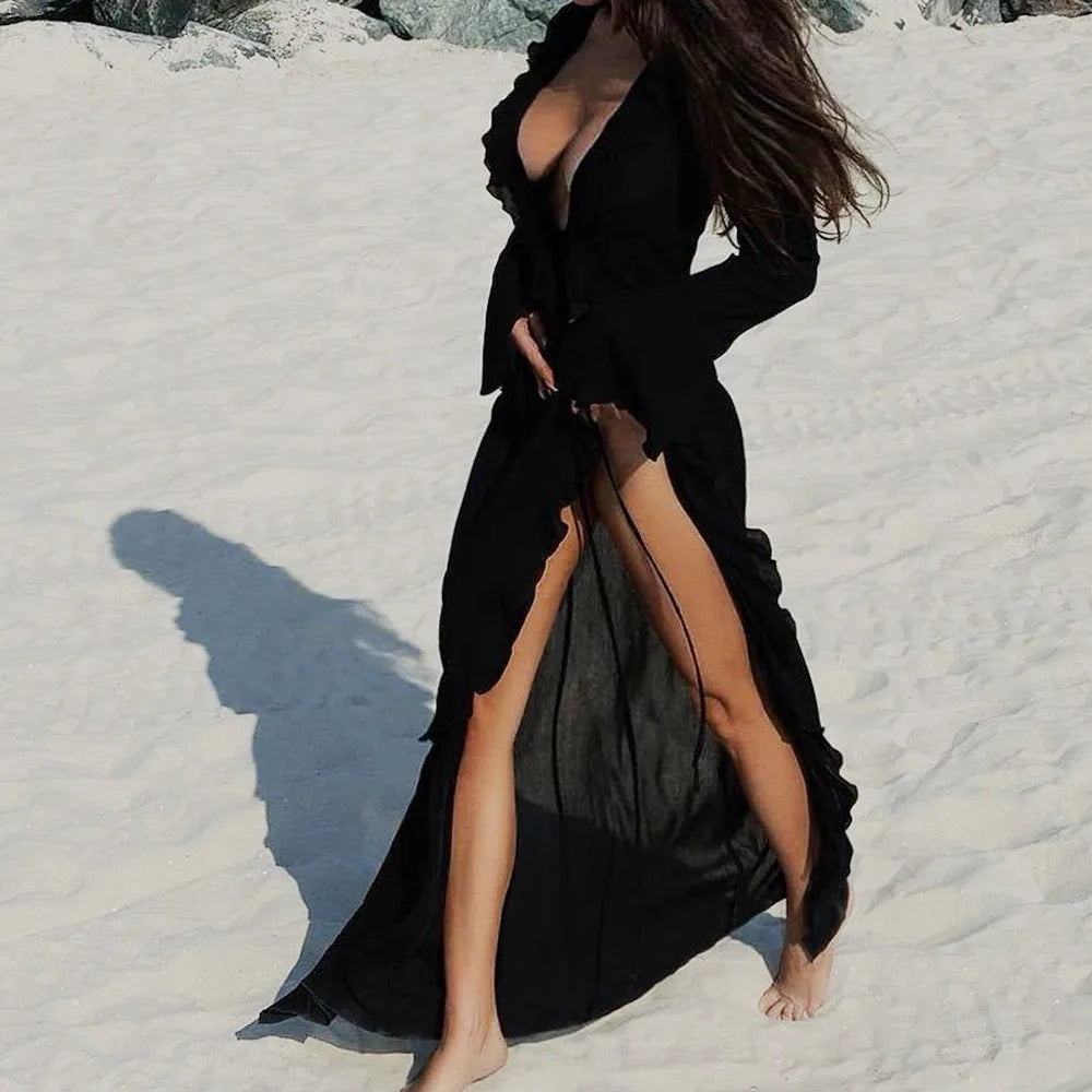 Fashion V Neck Summer Beach Cover Up Ruffled Loose Bikini Sunscreen Vue Black S