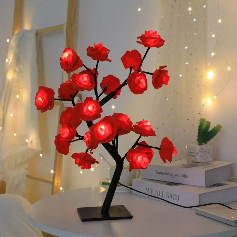 24 LED Red Rose Tree Lights Table Lamp Fairy Flower Night Light for Home Party Christmas Wedding Bedroom Decoration Gift Vue