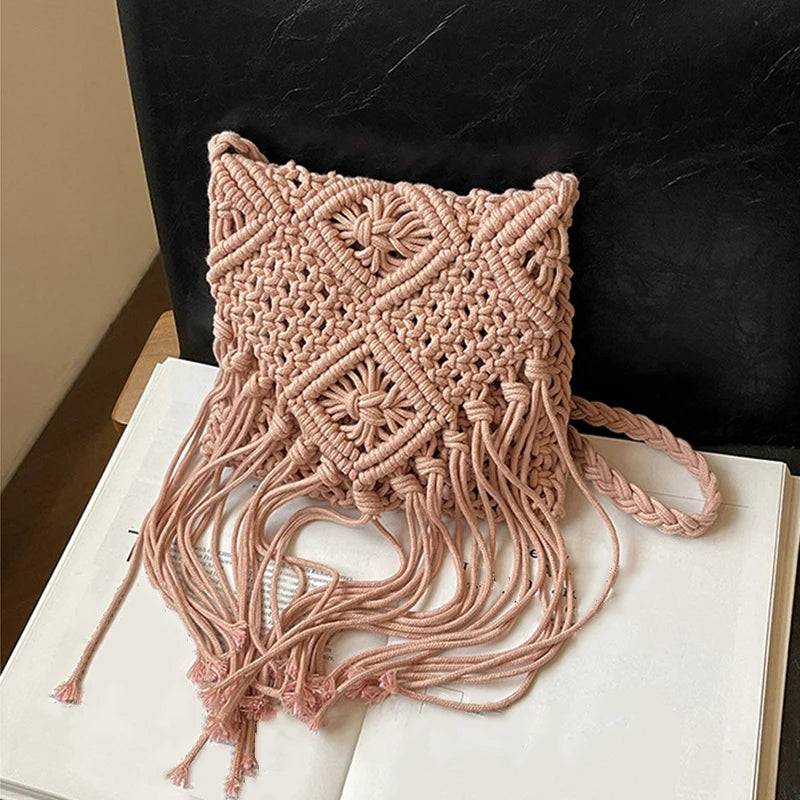 Women Crochet Shoulder Bag Tassel Handwoven Crossbody Solid Bohemian Vue Pink