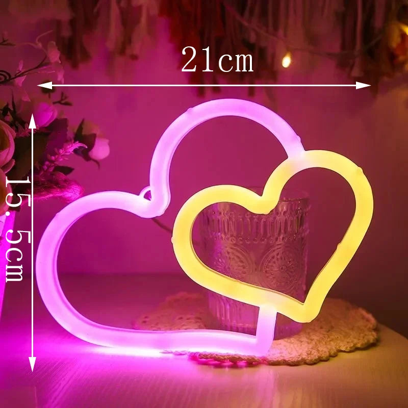 Colorful Neon Double Heart Light Neon Signs for Wall Decor Atmosphere LED for Kids Room Valentine's Day Party Confession Wedding Vue