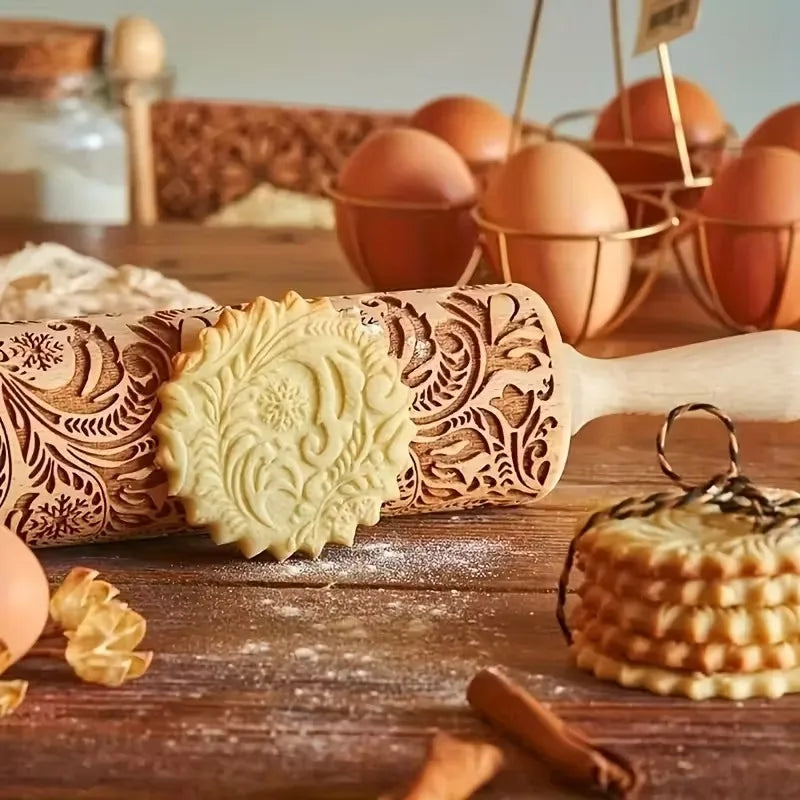 Embossed Snowflake Rolling Pin Christmas Baking Tool Cookie Dough Fondant Pattern Kitchen Accessory Christmas Gift for Baking Vue