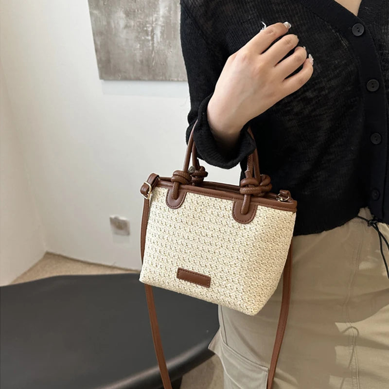 Straw Woven Crossbody Bags Women Summer Vacation Bucket Shoulder