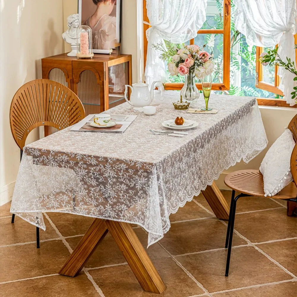 Home Decoration Embroidered French Lace Tablecloth Vintage White Table Linen Organza Table Runner Wedding Vue