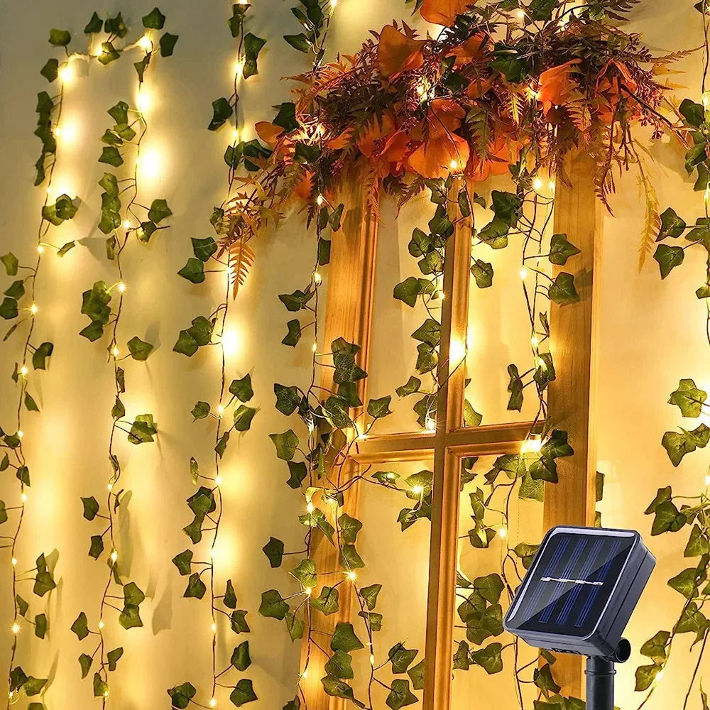 Green Leaf String Light Solar Vine Ivy Fairy Lights Garland Outdoor for Garden Party Courtyard Terrace Wedding Decoration Vue 10M(32.8Ft) 100LEDs Warm White