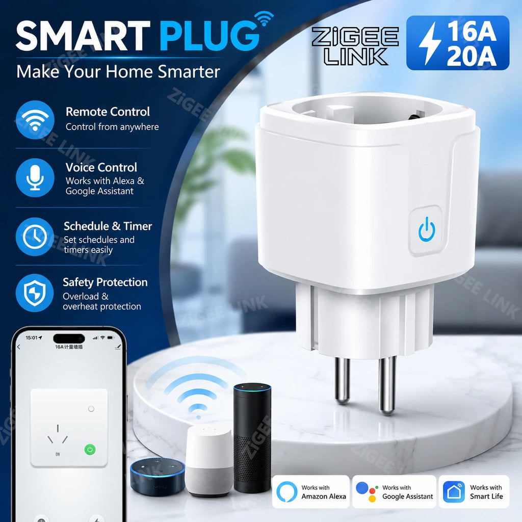 EU 16A/20A WiFi Zigbee3.0 Dual Mode Smart Plug Power Monitor Timing Socket Wireless APP Remote Voice Linkage Works Alexa Google Vue