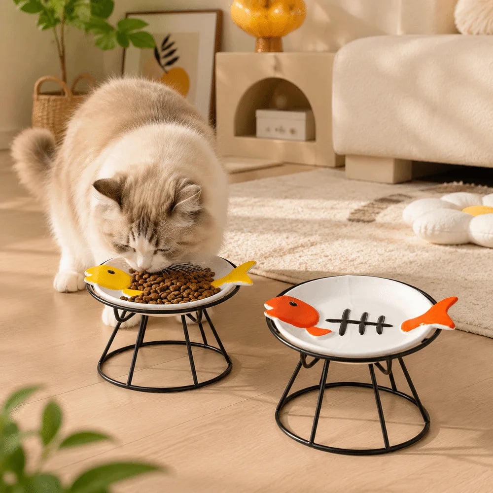 Cat Basin Ceramic Elevated Cat Bowl Fish Bones Anti-Vomiting Pet Food Water Bowl Anti Slip Cute Raised Pet Feeder Wet Dry Food Vue