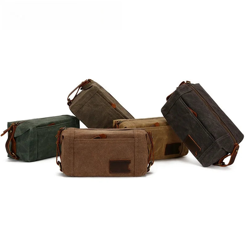 Men's Travel Clutch Bag Oil Wax Canvas Wash Bag Retro Clutch Bag First Layer Cowhide Wrist Bag Vue