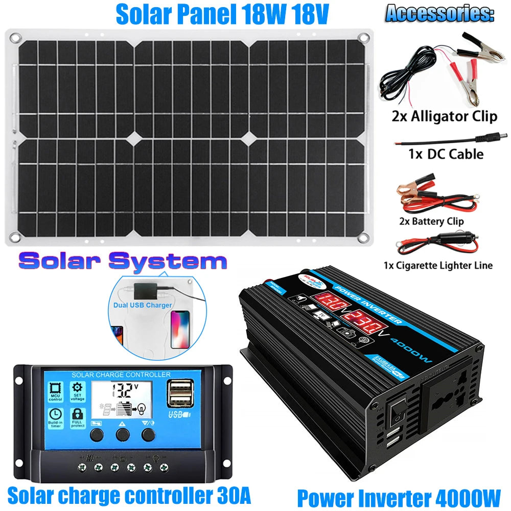 18W Solar Panel Kit 4000W Inverter & 30A Charge Controller Solar Power Kit Vue 12V to 220V