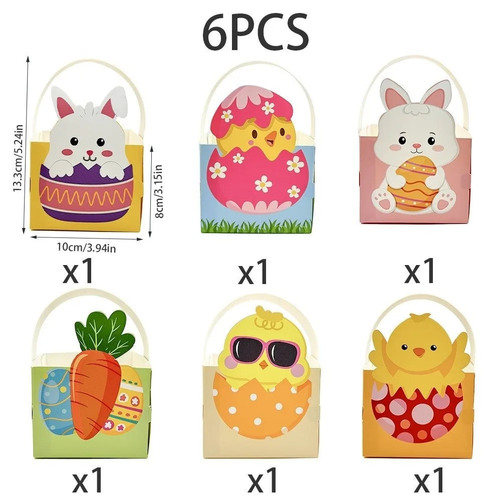 6pcs Cartoon Easter Bunny Candy Boxes with Handle Egg Rabbit Carrot Basket Gift Box DIY Box Handmade Easter Paper Boxes Vue