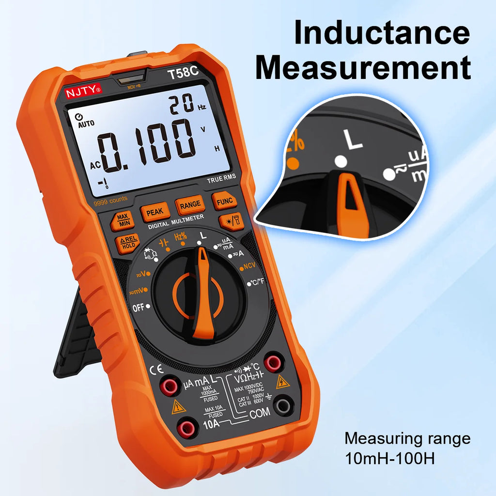 NJTY T58B T58C Inductance Digital Multimeter AUTO Range 9999 Counts Voltage Current Capacitance LED Smart Backlit Large Screen Vue