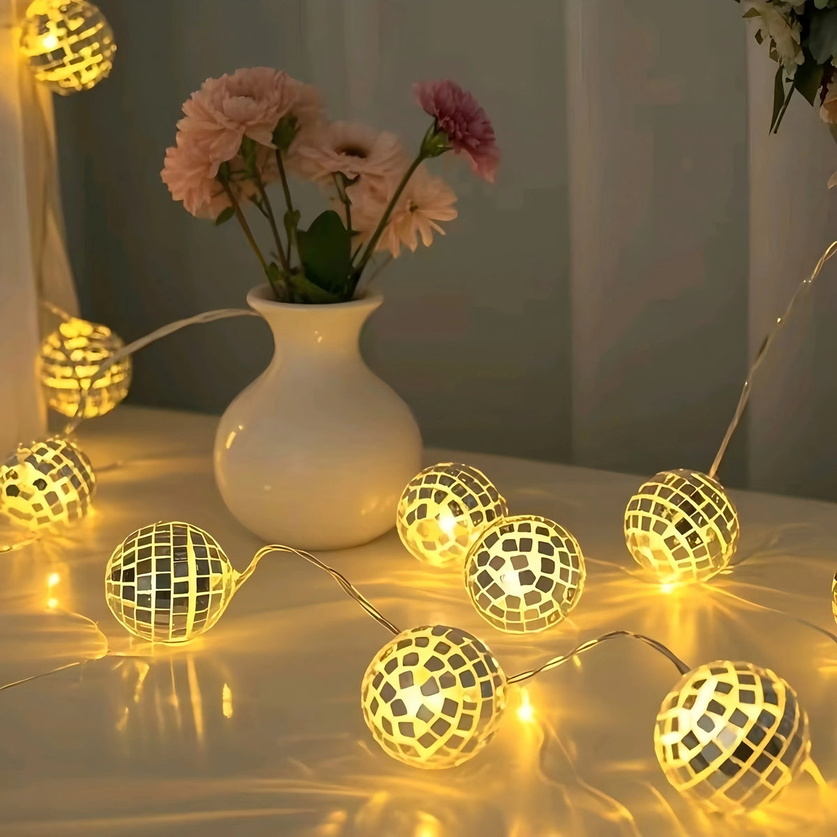 Mini Mirror Disco Ball LED String Lights Warm Fairy Lamp Home Bar Wedding Birthday Party Decor Lighting Vue