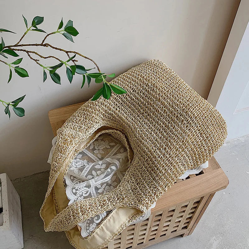 Women Large Capacity Shoulder Bags Handmade Straw Woven Fashion