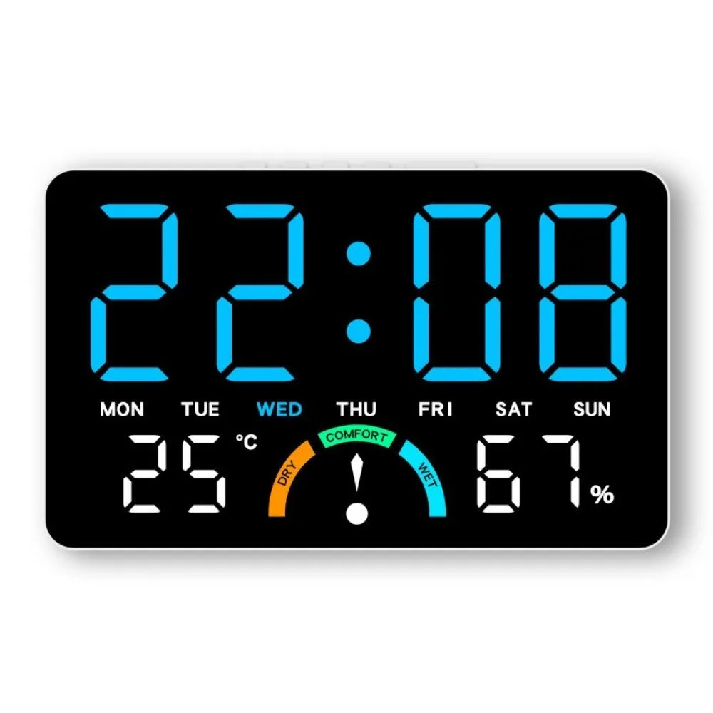 Time/Temperature/ Humidity Digital Wall Clock Dual Alarms Large Screen LED Alarm Clock Comfort Reminder Date Display Vue Blue Light