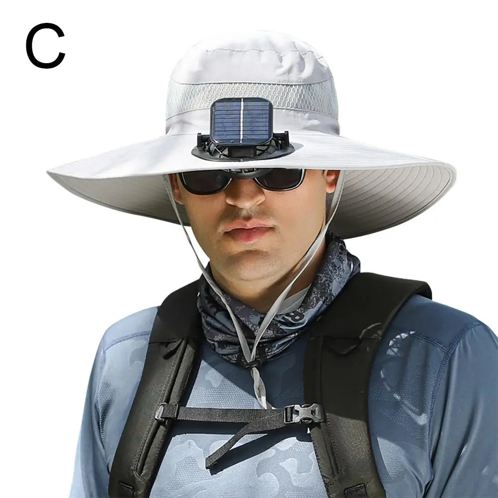 Cooling Breathable Waterproof Big Hat Wide Brim Sunshade Hat Block Ultraviolet Rays Fan Outdoor Fishing Solar Charging Fan Hat Vue light grey