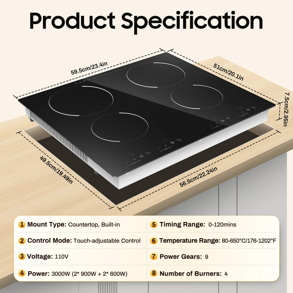 3000W 4-Burner Electric Ceramic Cooktop | Touch Control Electric Ceramic Cooktop Vue