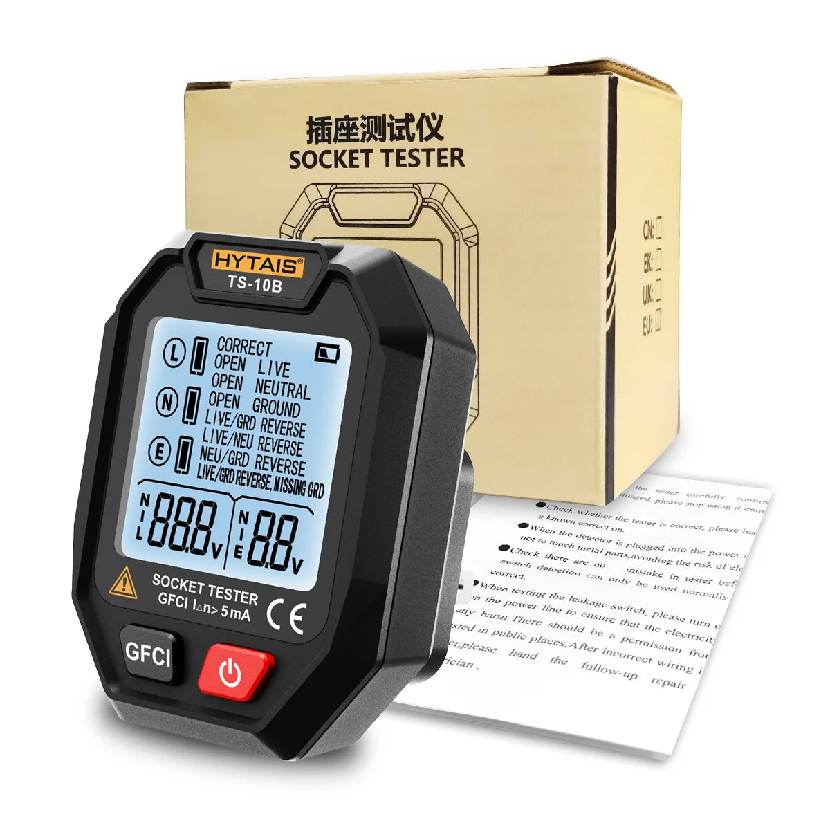 TS-10B Outlet Detector Battery Powered Smart Sock Detector Backlit Display EU US Ground Live Neutral Wire Polarity Phase Check Vue