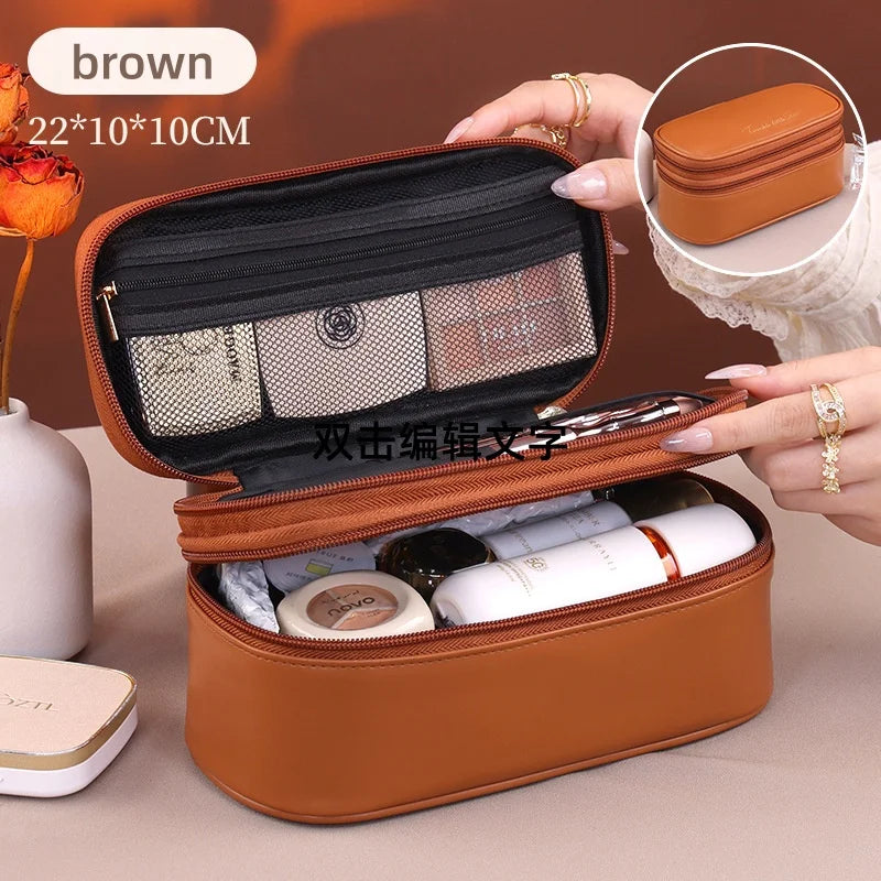 Women's Cosmetic Bag Makeup Bag Double Layer Large Capacity Luxury Cosmetics Organizer Travel Essentials Women Cosmetic Bag Vue Brown
