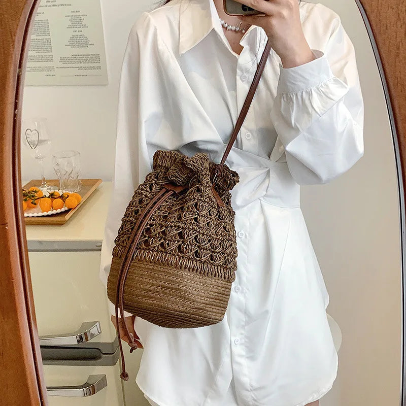 Handmade Women's Summer Straw Beach Shoulder Bag Woven Hollow