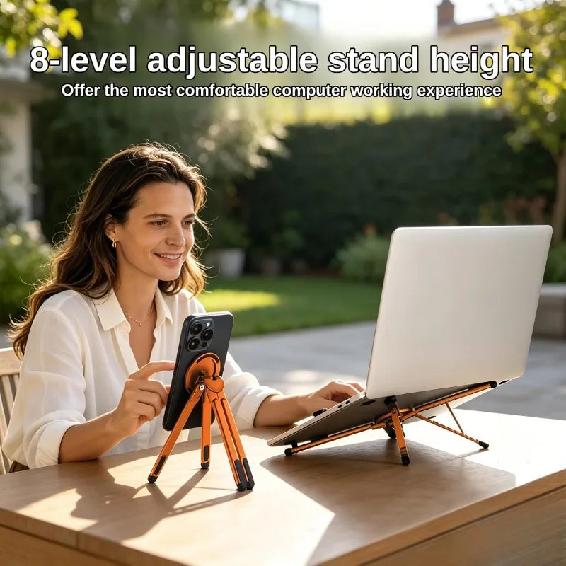 3-in-1 Foldable Laptop Stand Magnetic Phone Holder Aluminum Portable Desk Tripod Mount for Laptop Tablet & Phone Travel Vlogging Vue