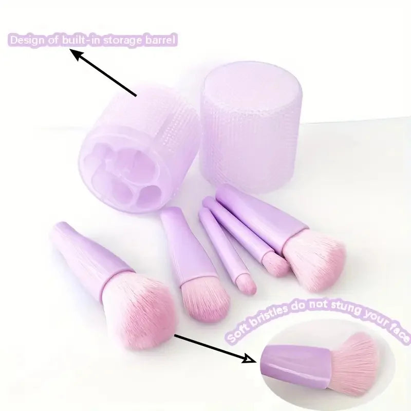 5pcs Mini Makeup Brush Set with Storage Bucket Women Travel Nylon Bristles Makeup Brushes for Powder Blush Lipstick & Concealer Vue