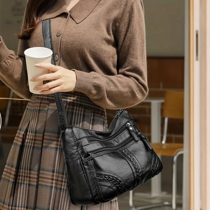 Stylish Leather Shoulder Bag Women Multi Pocket Crossbody Hobo Soft