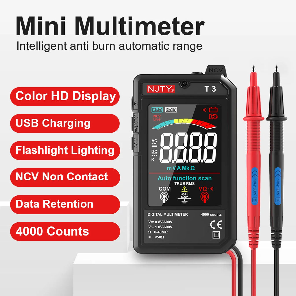 NJTY T3 MINI Smart Digital Multimeter Color Screen USB Rechargeable 4000 Counts Auto Ranging Voltage Resistance NCV Live Wire Vue