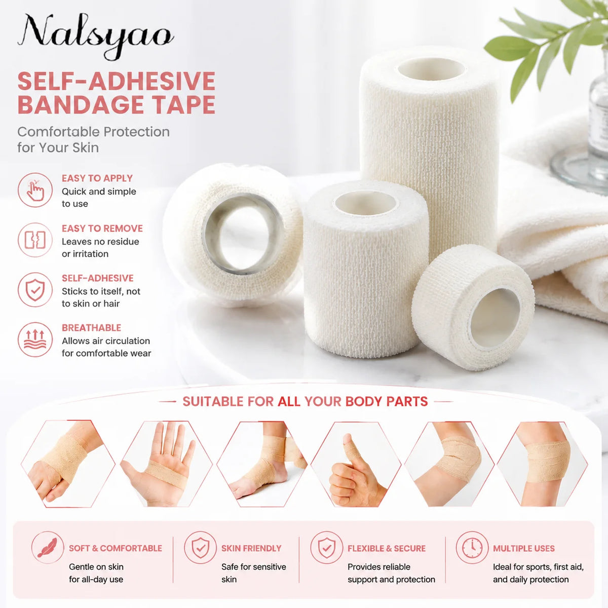 5 Pcs 2.5/5/7.5/10cm Self Adhesive Elastic Bandage Cohesive Non-woven Wraps Tape Disposable for Sports Fixing Wrist Leg Finger Vue