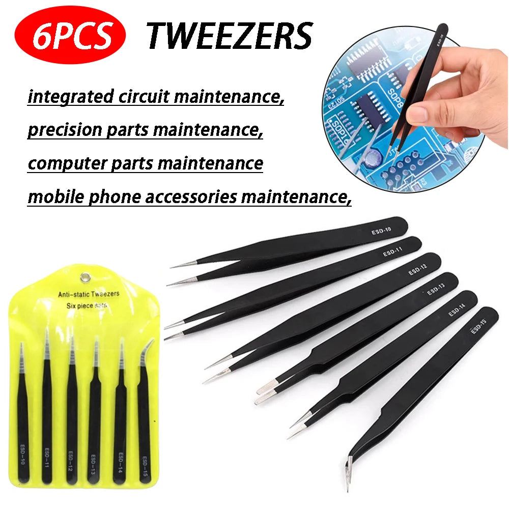 6Pcs Precision Anti-Static Stainless Steel Tweezers Set Eyebrow Hair Removal Tweezers Electronics Repair Craft Multi Use Tools Vue