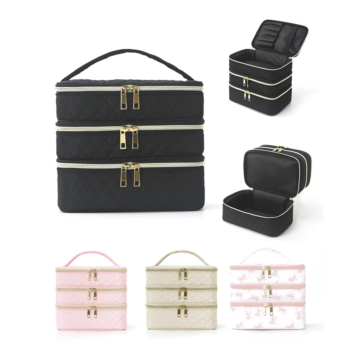 3-Layer Large Capacity Quilted Makeup Bag Organizer with Handles - Suitable for Travel and Home Organizer Tools Case Vue