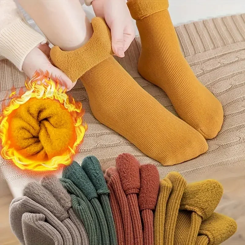 1-10Pairs Winter Solid Color Mid Calf Ribbed Snow Socks Japanese Stackable Warm Thick Fleece Lined Thermal Floor Socks for Home Vue