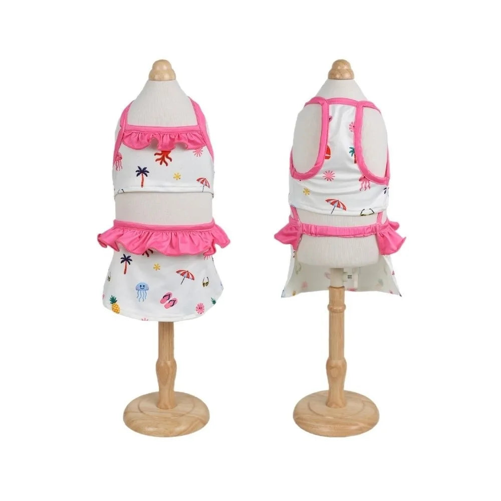 Pet Summer Clothes Cartoon Print Pet Swimsuit Soft Comfortable Dog Bikini Vest Thin Breathable Cat Suspender Skirt Summer Vue Pink L