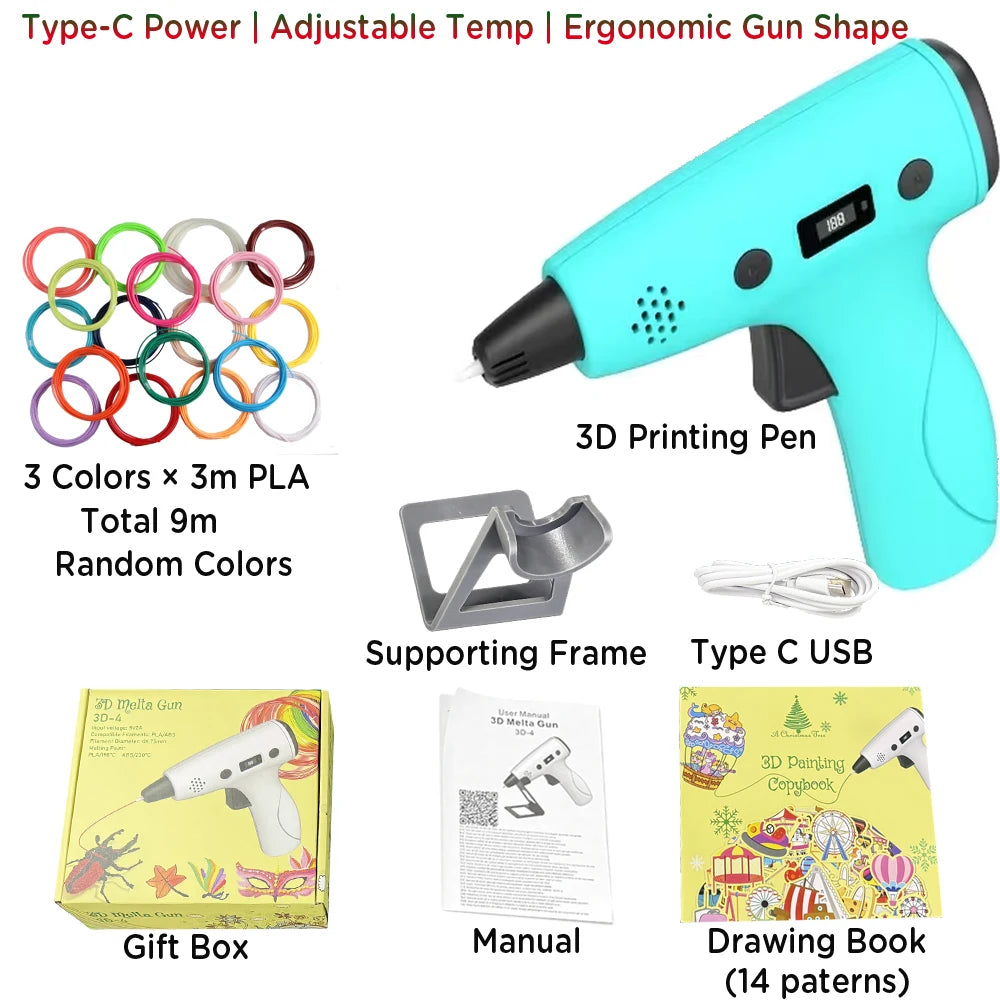 3D Printing Pen Type-C Adjustable Speed LCD Display DIY Graffiti Pen for Kids Teens PLA ABS 3D Art Craft Birthday Gift Boy Girl Vue blue with 9M PLA
