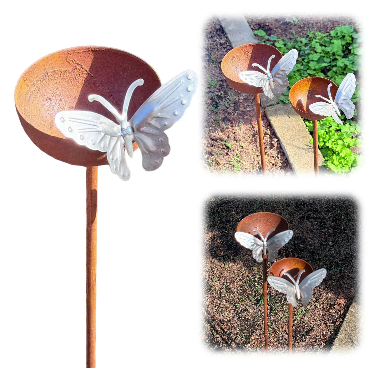 Rustic Metal Bird Bath with Ground Stakes – Garden Decor Metal Bird Bath Vue
