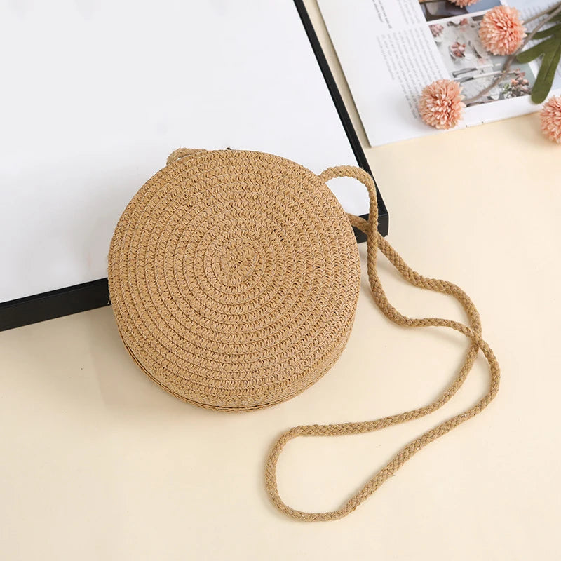 Minimalist Straw Bag Round Crossbody Purse Women Shoulder Vacation