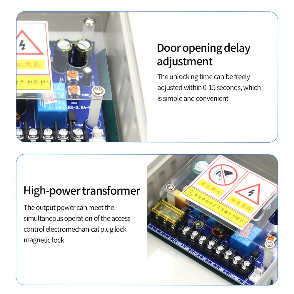 Rainproof Access Control Power Supply Transformer DC 12V-15V 5A Door System Time Delay 0-15s Adapter for Face Recognition Lock Vue