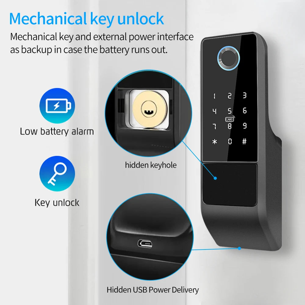 IP65 Waterproof TTLock Fingerprint Smart Door Lock Outdoor Gate Bluetooth Password 13.56MHz IC Card Deadbolt Lock+Mechanical Key Vue