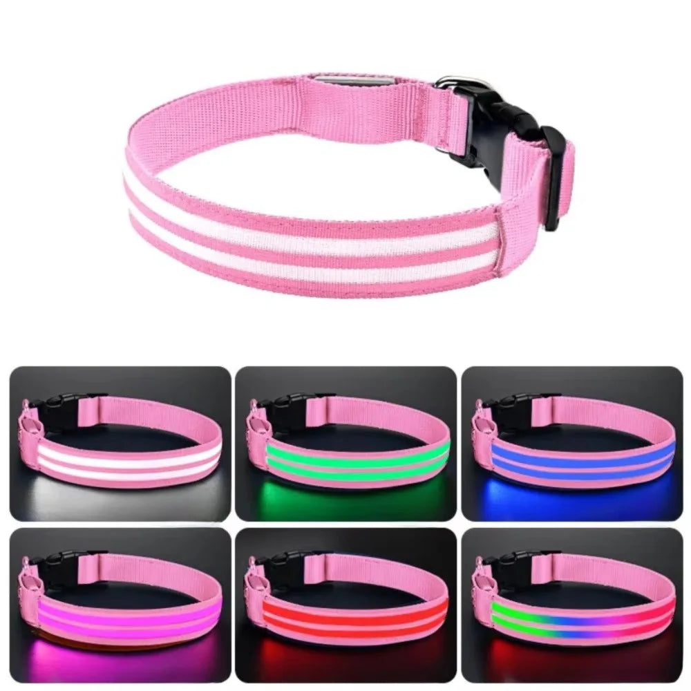 Adjustable Light Up Dog Collar Nylon Material Flashing Light LED Glowing Dog Neck Ring Waterproof Anti-Lost Vue L-Pink Multicolor