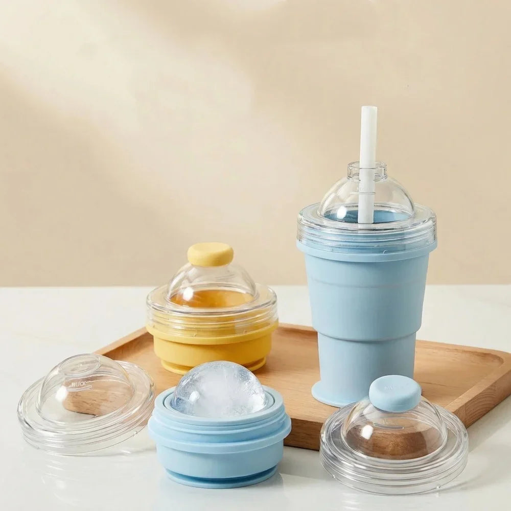 Portable Foldable Ice Ball Cup with Straw Food Grade Silicone Ice Mold for Whiskey Cocktails Reusable Summer Travel Water Bottle Vue