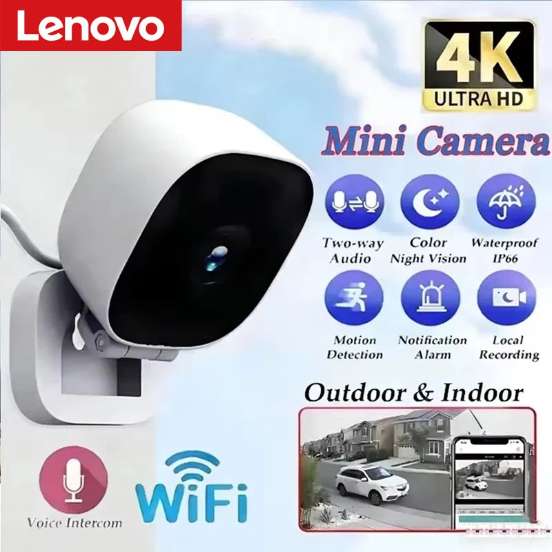 Lenovo HD 4K Mini Security Camera Ip65 Waterproof Full Color Night Vision Motion 2 Way Audio Wifi Monitor Indoor Outdoor Vue
