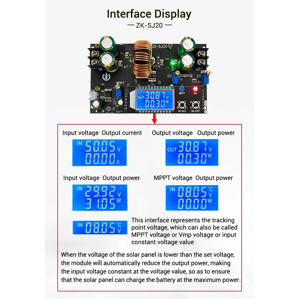 ABKW-ZK-SJ20 Automatic Step Up Down Module MPPT Buck Boost Converter Power Supply Module Adjustable Board With LCD Display Vue