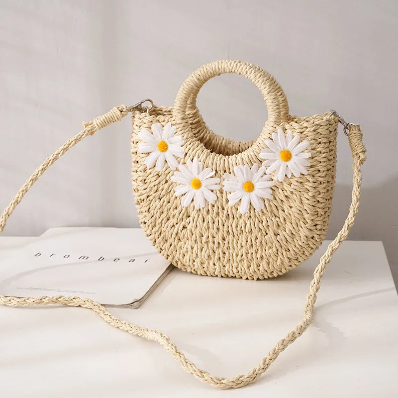 Fashion Hand-woven Straw Beach Bags Women Handmade Moon Basket